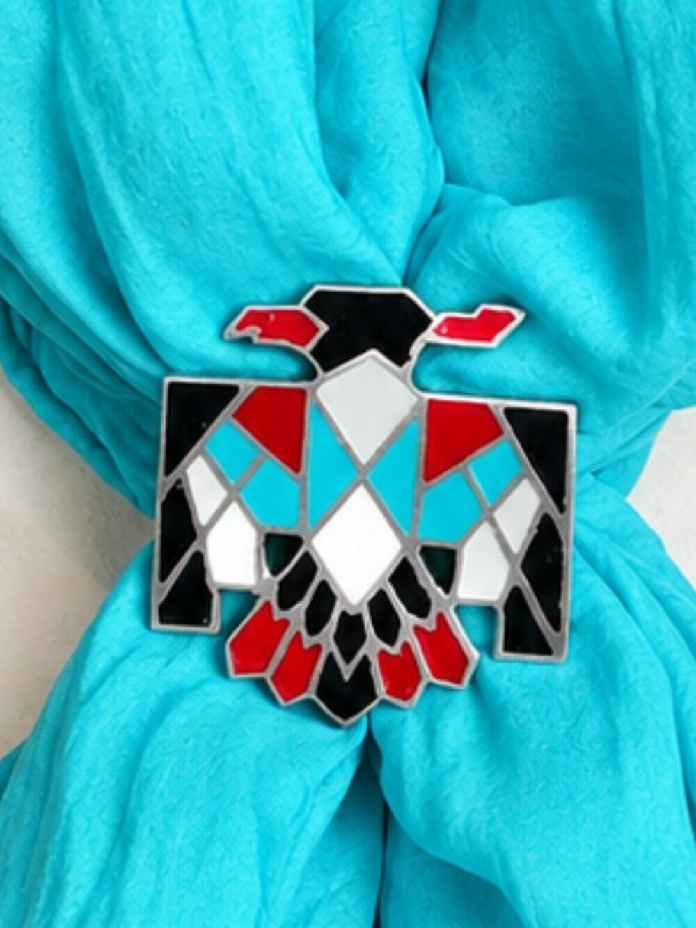 VTG Thunderbird Wild Rag Scarf Slide Turquoise Enamel Western Southwestern Zuni